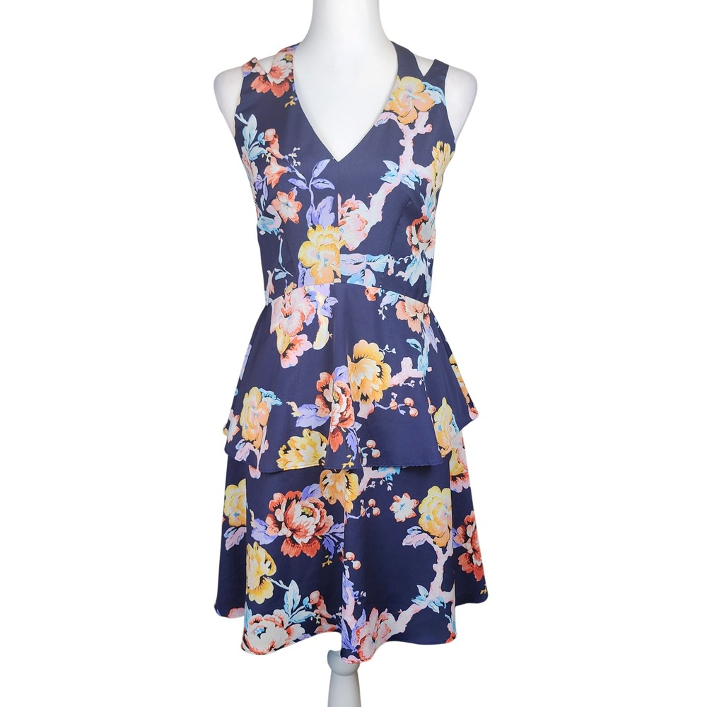 Adelyn Rae Peplum Dress Women's Small Navy Floral Autumn Wedding Casual Party